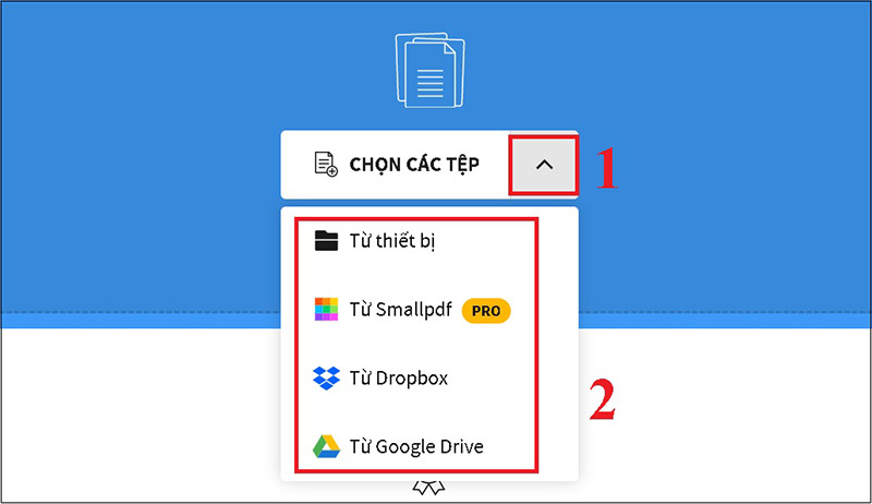 Nhấn vào biểu tượng mũi tên để chọn nguồn tải file Word lên